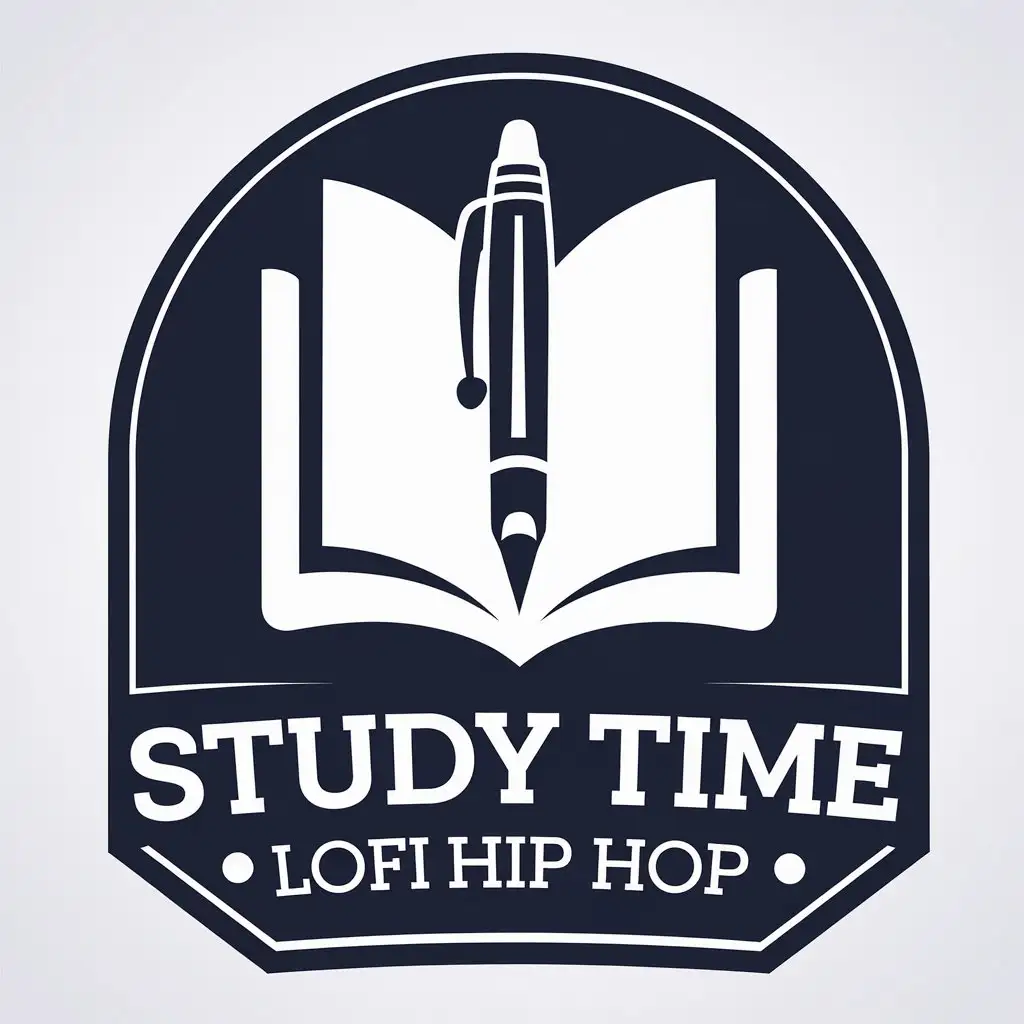 LOGO Design for Study Time Lofi Hip Hop Monochrome Silhouette of a Book and Pen with Desaturated Navy Blue White Theme