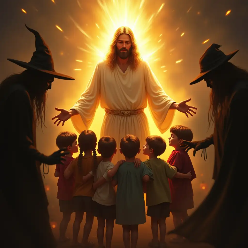 A radiant guardian, dressed in jesus celestial, stands as a powerful protector. His figure emits a warm, divine light, shielding a group of children who huddle behind him, feeling safe from the dark forces that surround them. The children’s faces show relief as they are encased in his protective aura. Surrounding them are shadowy, eerie figures—witches, skeletons, and Halloween monsters—looming with sinister intentions. Yet, the guardian’s powerful presence and light.