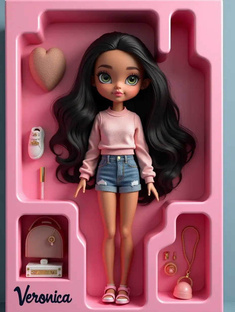 Create art: 3D-doll in Bratz style, made of soft touch plastic. Character - full size, repeats the appearance and outfit from my photo. Copy every detail: hairstyle, lips, eyes, features and proportions of the face. Clothing - exactly, with an emphasis on style and textures. Doll lies in a plastic recess, which repeats its silhouette. Create a collector's action figure of a person - as an expensive toy in the packaging. Maximally realistic, like for advertising or storyz (aspect ratio 9:16). Name Veronica - letters are engraved and engraved on the box. Accessories inside the box: Arranged next to the doll in their places in separate compartments accessories that match my mood and character.