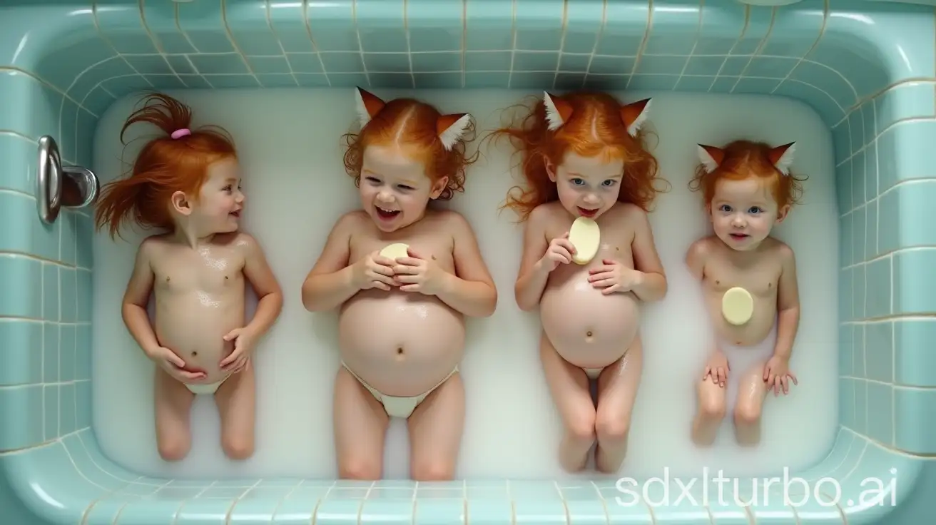 Pregnant-Redhead-Couples-with-Little-Girls-in-Preschool-Bathroom-Bathing-Scene