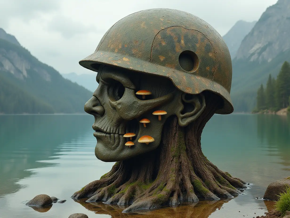Head with helmet, stones, mushrooms, roots transformed into building at the lake