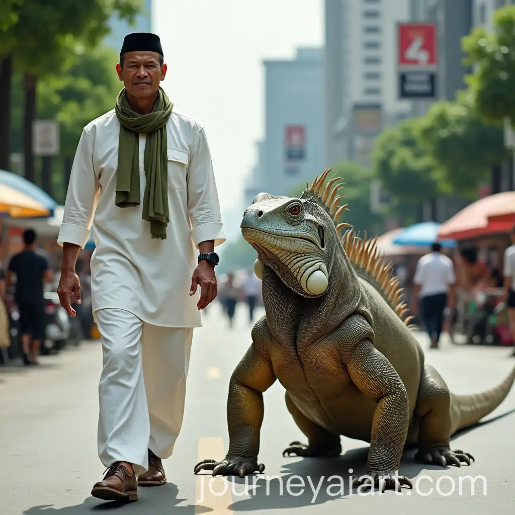 Confident-Indonesian-Man-Walking-with-a-Giant-Iguana-in-Jakarta-on-Car-Free-Day