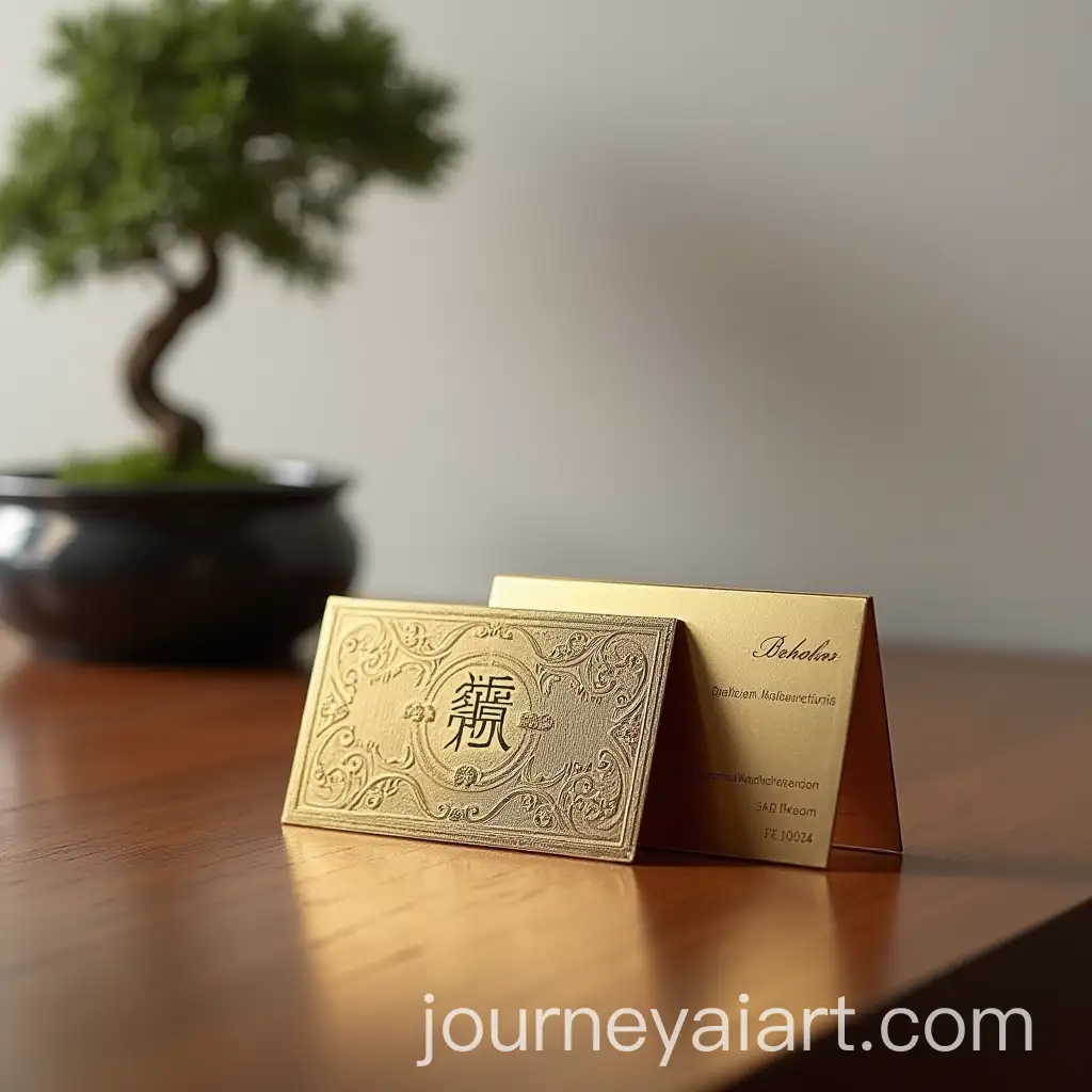 Luxury-Business-Cards-with-Metallic-Finish-and-Embossed-Details-on-Polished-Wooden-Table