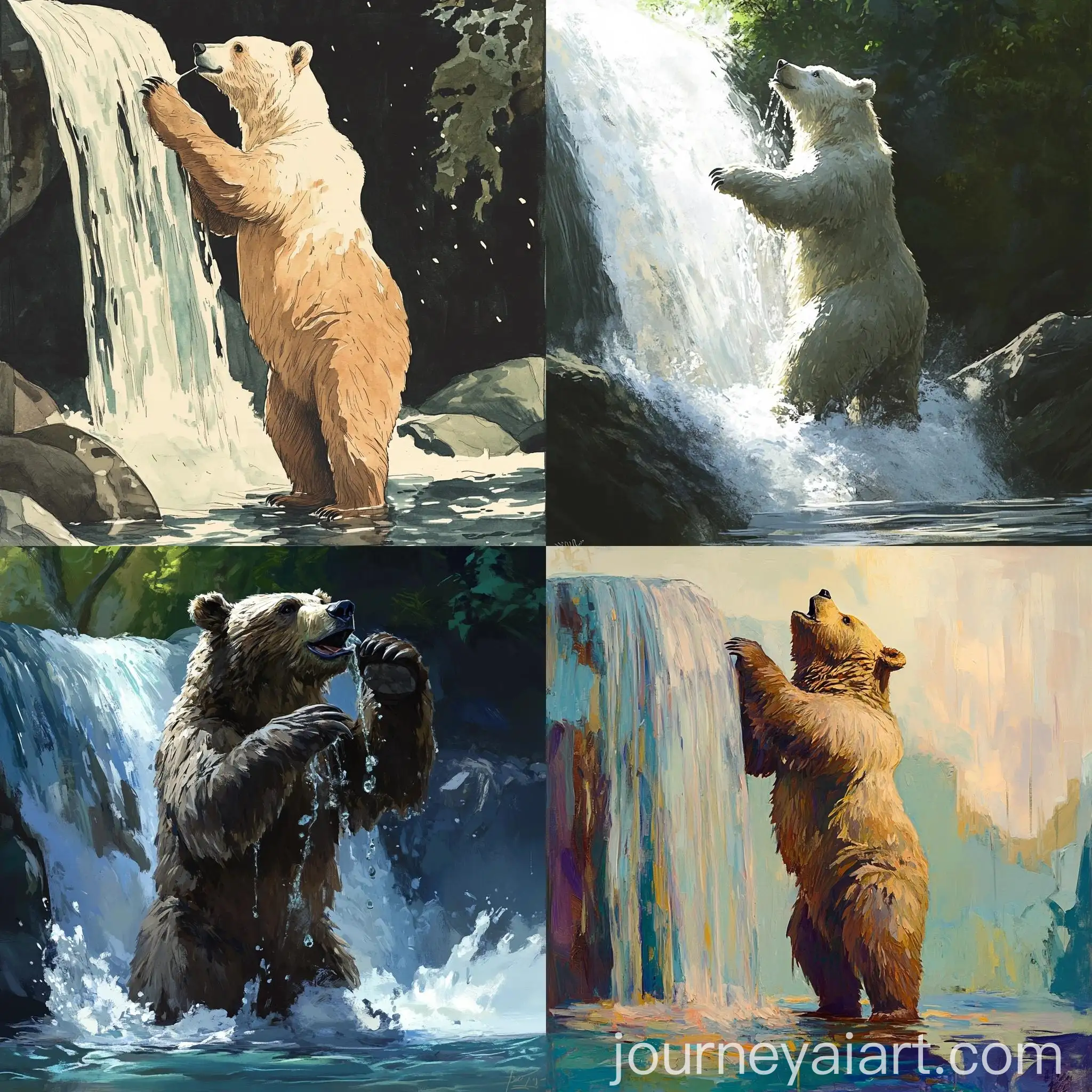 Stylized-Bear-Drinking-from-Waterfall-on-Hind-Legs