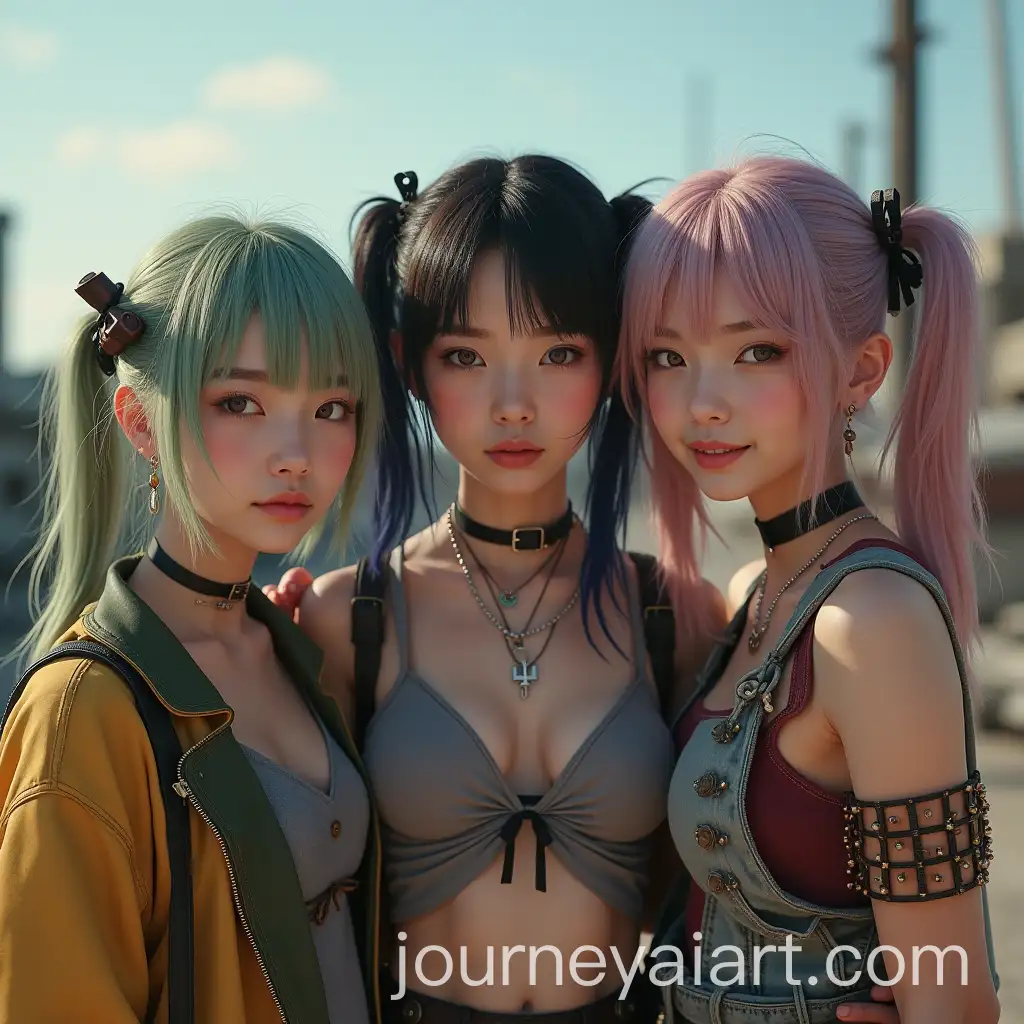 Three-Smiling-Asian-Girls-in-Apocalyptic-Clothing-Different-Styles-and-Hair-Colors