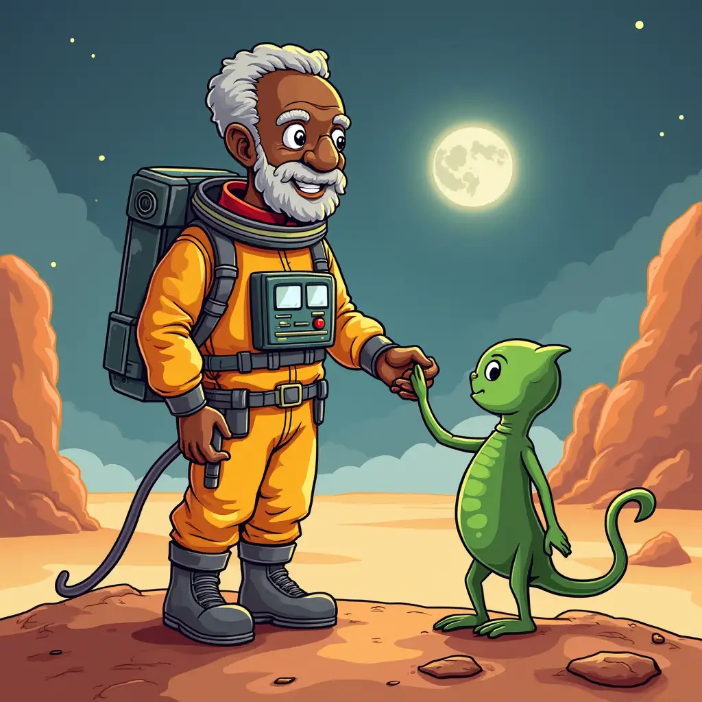 kind black african grandfather wearing space clothes, magically shaking hands with green alien creatures should be in full color, cartoon drawing, line art, planet mars background, Simplicity, to make it easy for young children to understand. The outlines of all the subjects are easy to distinguish, making it simple for kids.