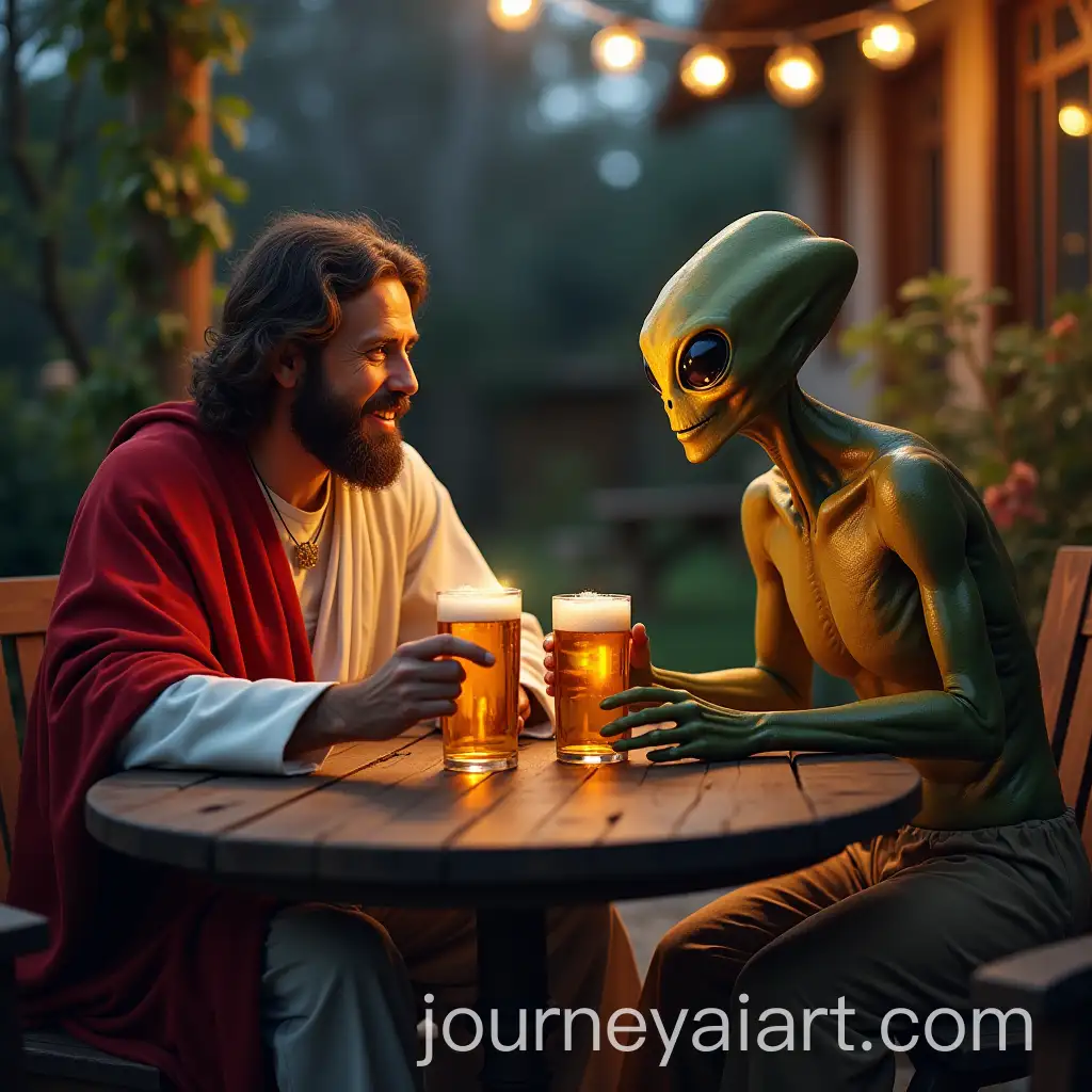 Jesus-and-Alien-Enjoying-Evening-Stories-at-Backyard-Table