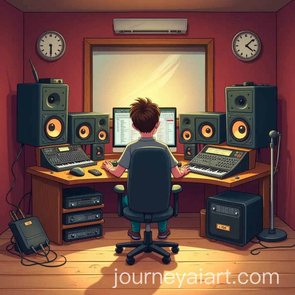 CartoonStyle-Recording-Studio-with-Sound-Engineer-and-Equipment