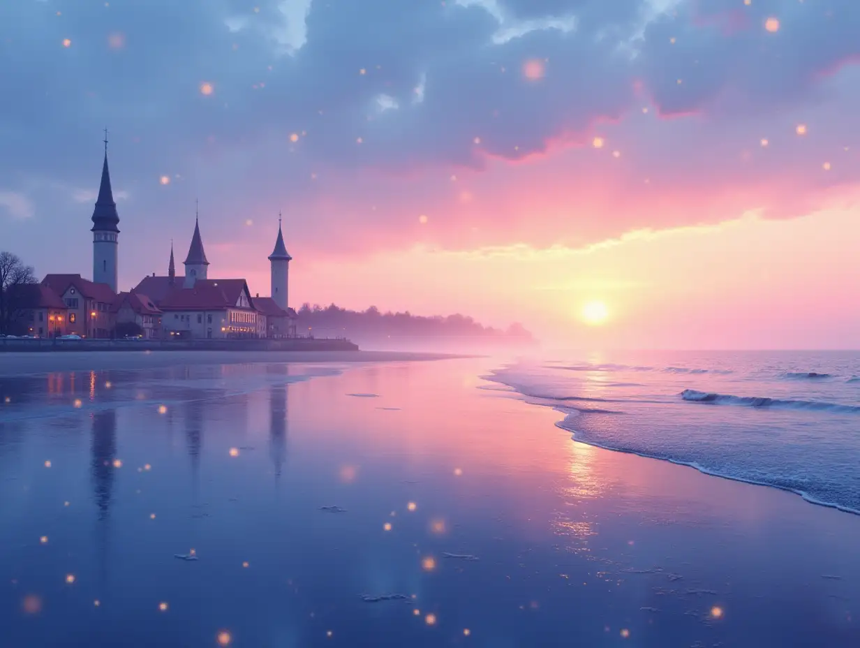 A wide panoramic view of Liepāja's old town with tall conical towers and red roofs fading into the horizon in the early dawn, similar to the picture. The sea merges seamlessly with the deep blue and purple sky, transitioning into golden, pink and orange sunrise tones, with light, lighter reflections of the water wings for realistic, bluer tones. stretching across the horizon, with a faint mist merging the city with the sea. The scene is framed in 21:9, cartoon fairy tale style with soft, dreamy watercolor effects, blurred edges and magical glitter effects.