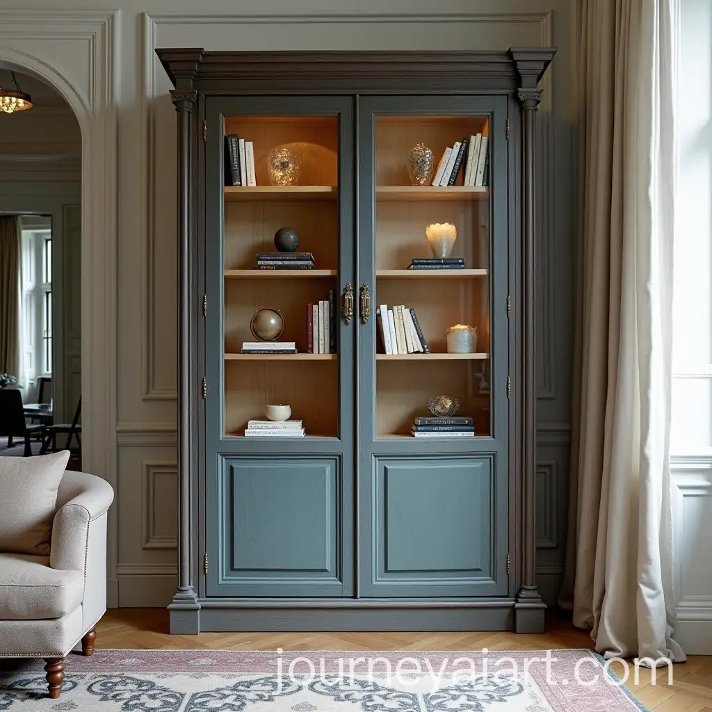 Luxurious-Rustic-Bookcase-with-Framed-Glass-Doors-and-Decorative-Details
