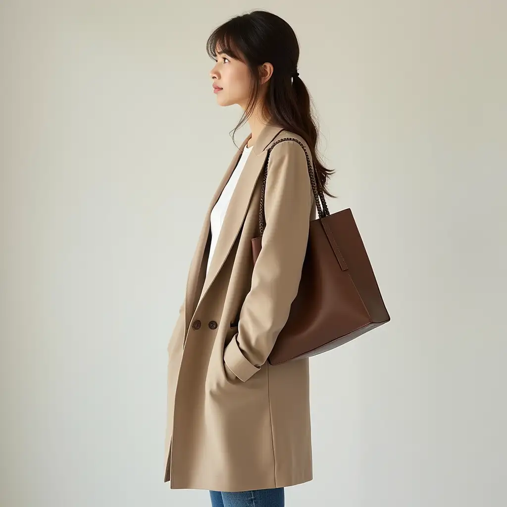 a young and fashionable American woman, side profile full body shot, standing upright, holding a small bag