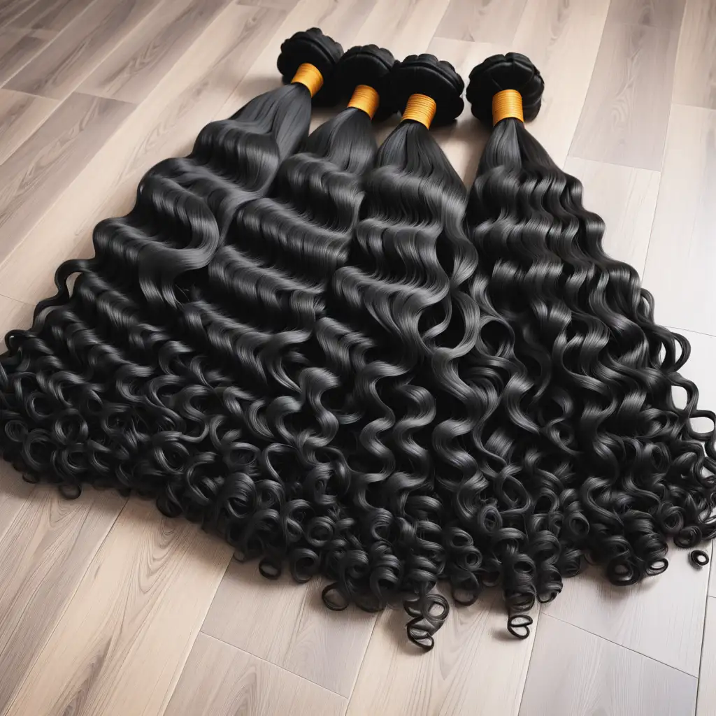 Realistic Black Raw Hair Extensions Bundles on Floor