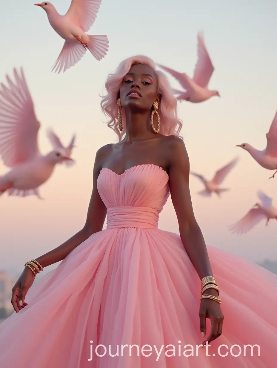 Surreal-HighFashion-Portrait-of-African-Woman-in-Dreamlike-Pink-Gown-with-Floating-Birds