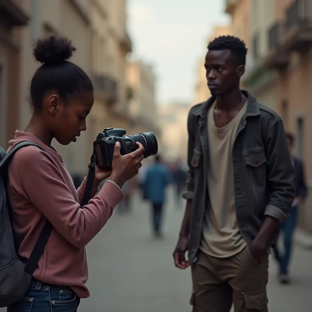 African-Girl-Photographing-Homeless-Boy-on-Street-with-Canon-60D-DSLR-Camera