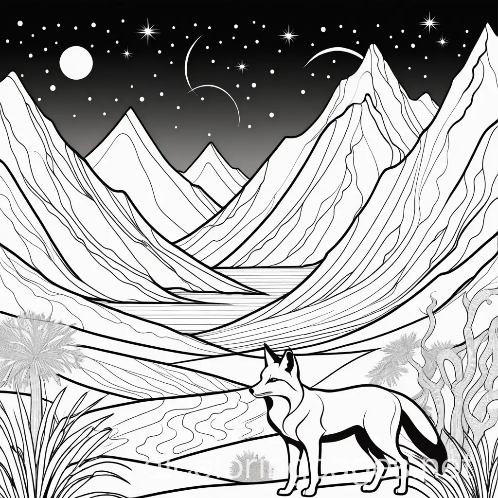 Starry-Desert-Fox-Coloring-Page-with-Mountains