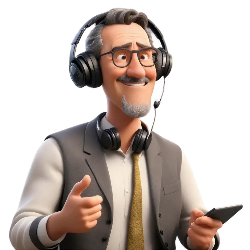 MiddleAged-Person-Listening-to-Music-at-Work-in-Pixar-Style-HighQuality-PNG-Image