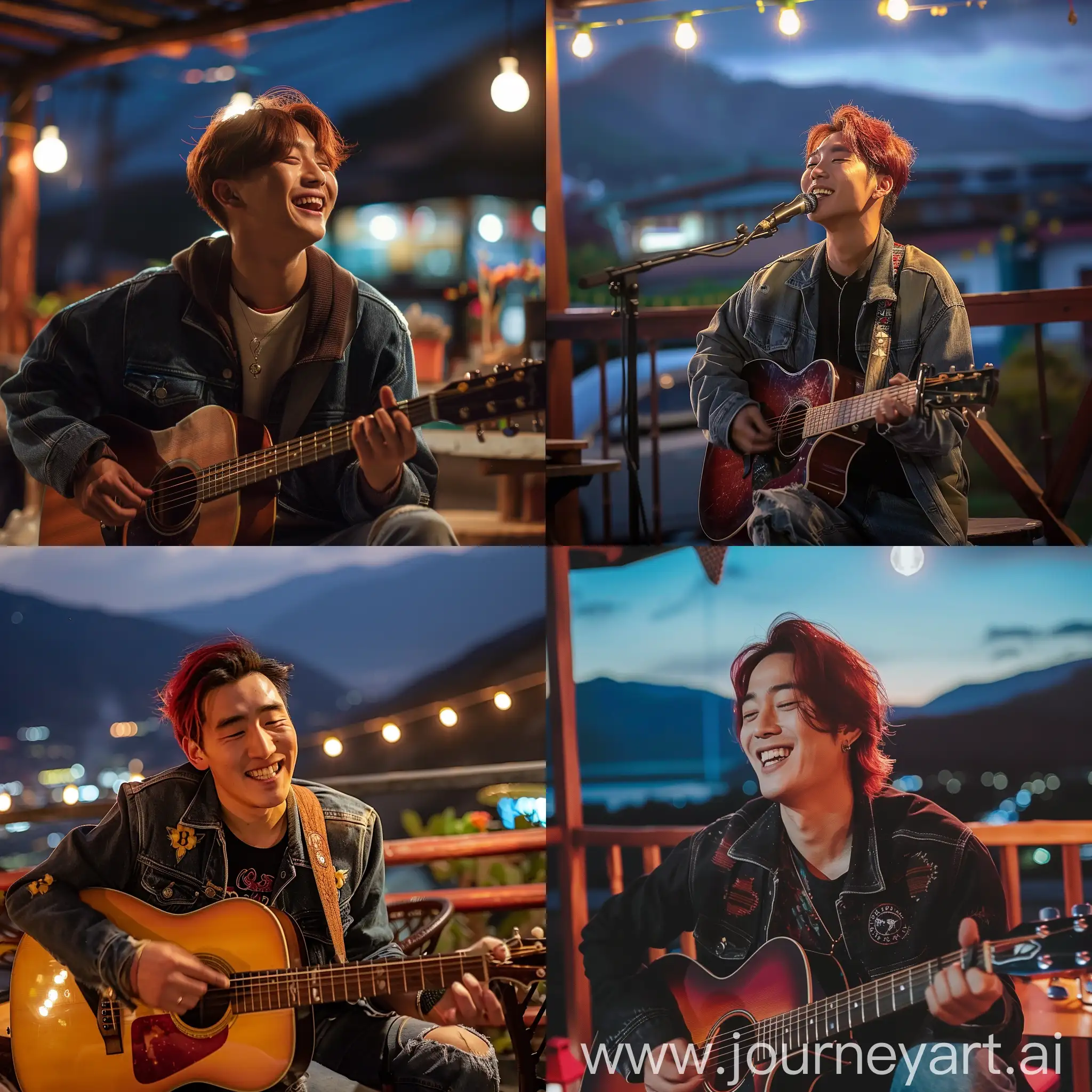 Young-Korean-Man-Playing-Guitar-at-Night-Cafe-with-Himalayan-Mountain-View
