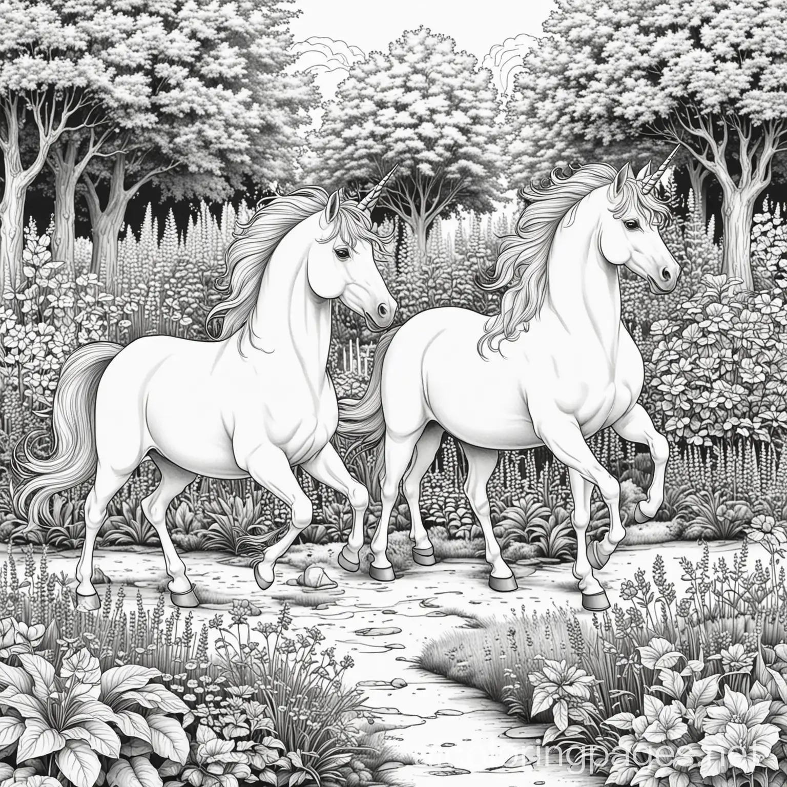 Unicorns-Playing-in-Garden-Coloring-Page-for-Kids