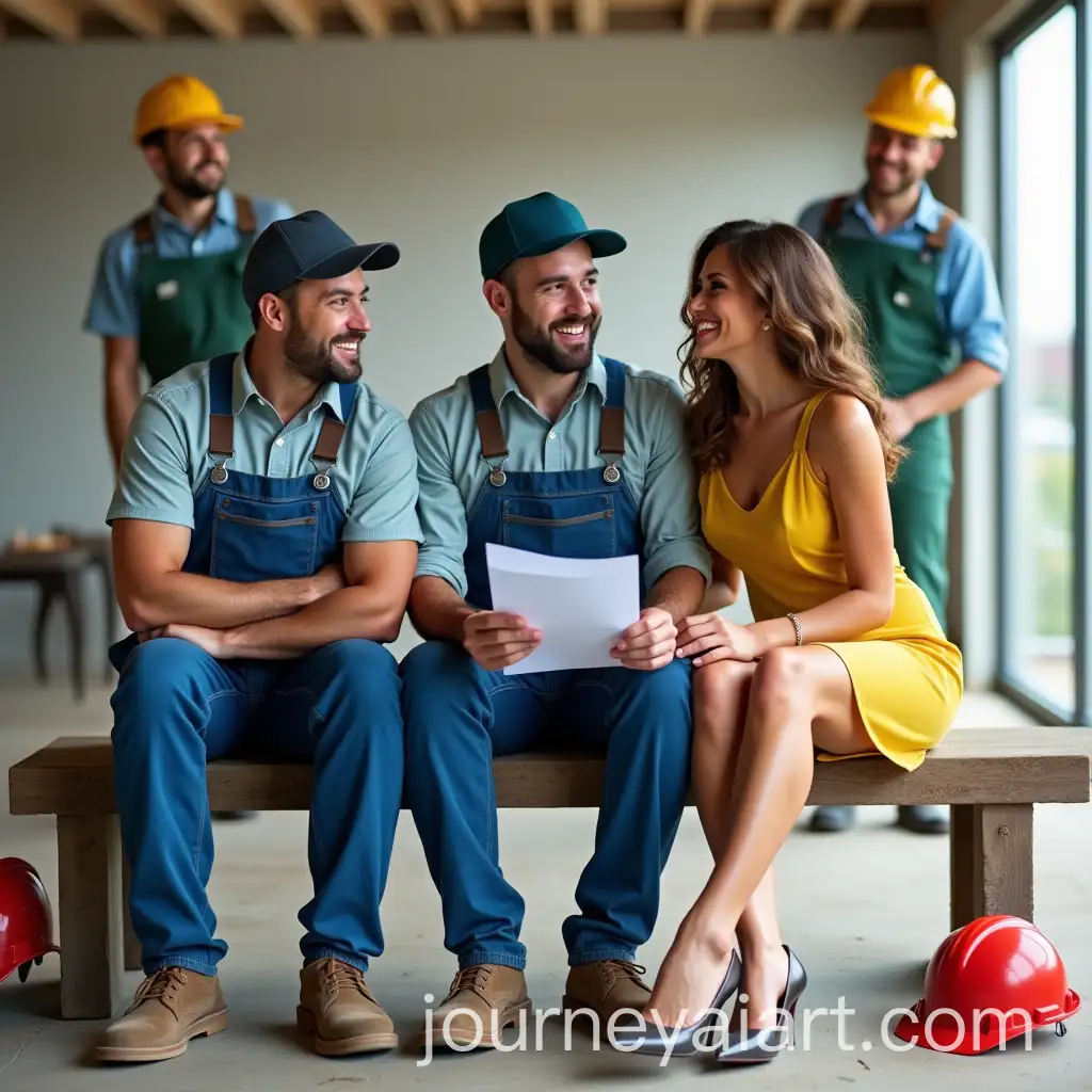 Cheerful-Construction-Workers-Discussing-Plans-with-Woman-in-Yellow-Dress