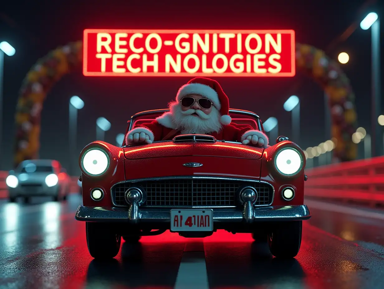 Setting: 50's style race track. One Santa Claus-like character wearing sunglasses inside a red Ford with no windshield. License plate 'Avtouragan'. Top of the license plate is an object that looks like a round headlight with a red number 4. Background: Christmas theme and at the top is a rectangle of neon lights with a calligraphic text sign 'RECOGNITION TECHNOLOGIES' in red and white letters inside. Intricate, detailed, fine filigree letters. The details are fine, delicate fragments. Conceptual art depicting intricate, detailed. Lots of neon and dark tones.