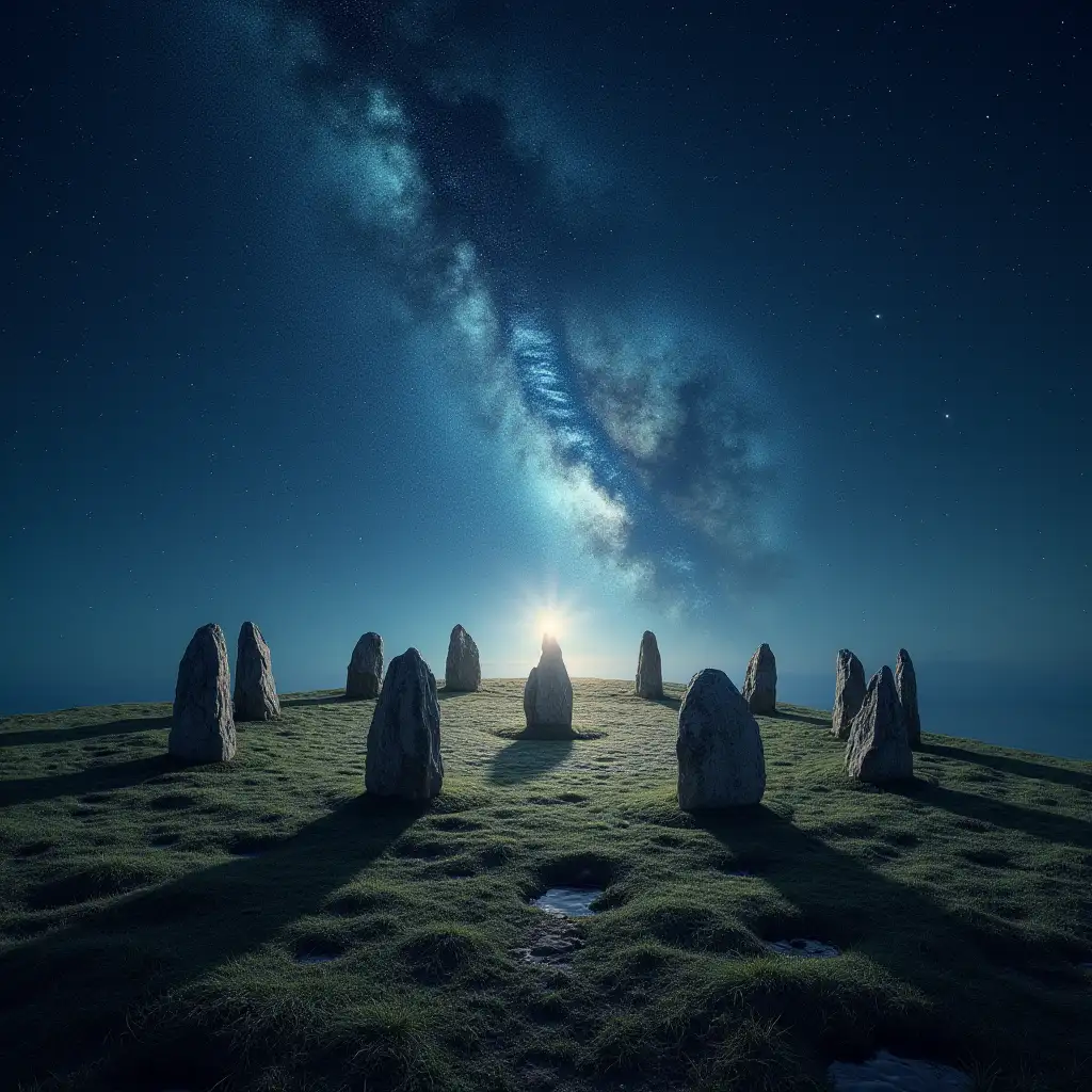 Wide-angle view of a stone circle beneath a swirling sky. Stars aligning overhead. Earth and cosmos in harmony. Sacred geometry subtly glowing in the layout of the stones. Sense of cosmic precision and reverence.