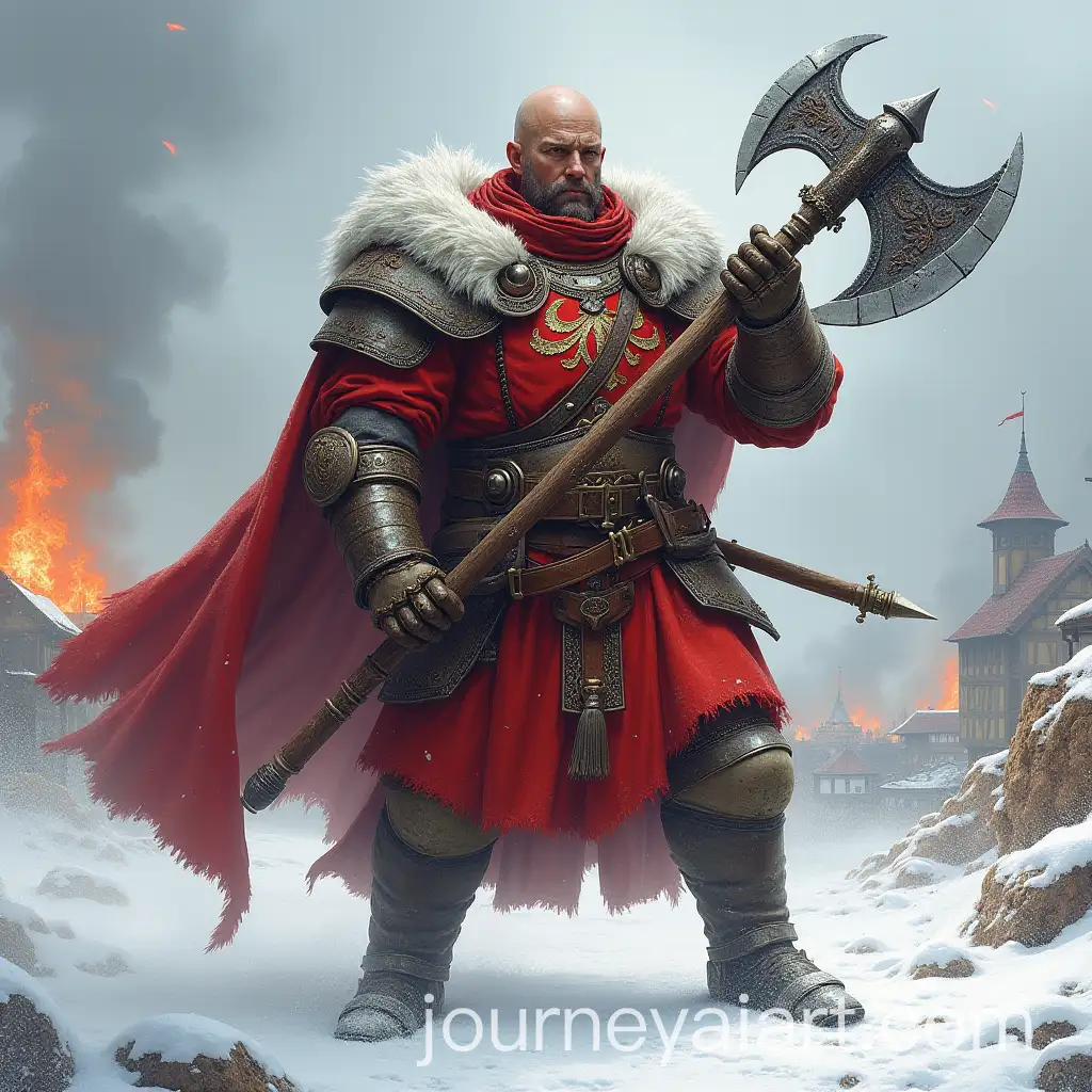 German-Warrior-in-Red-and-White-Armor-with-Battle-Axe-on-SnowCovered-Battlefield