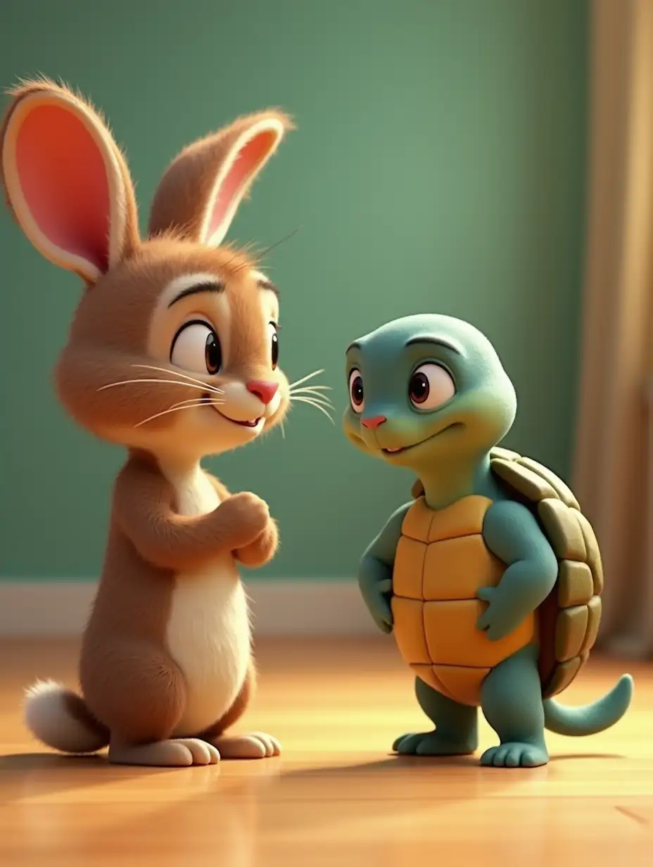 created 3d animation, Remy the rabbit: (Shrugging) Well, I found something really special, but... I don’t want to talk about it. Toby the Turtle: (Looking up thoughtfully) Sometimes, it feels good to share the things that make us happy, Remy. Honesty helps us keep our friendships strong. (Remy looks down, thinking.)