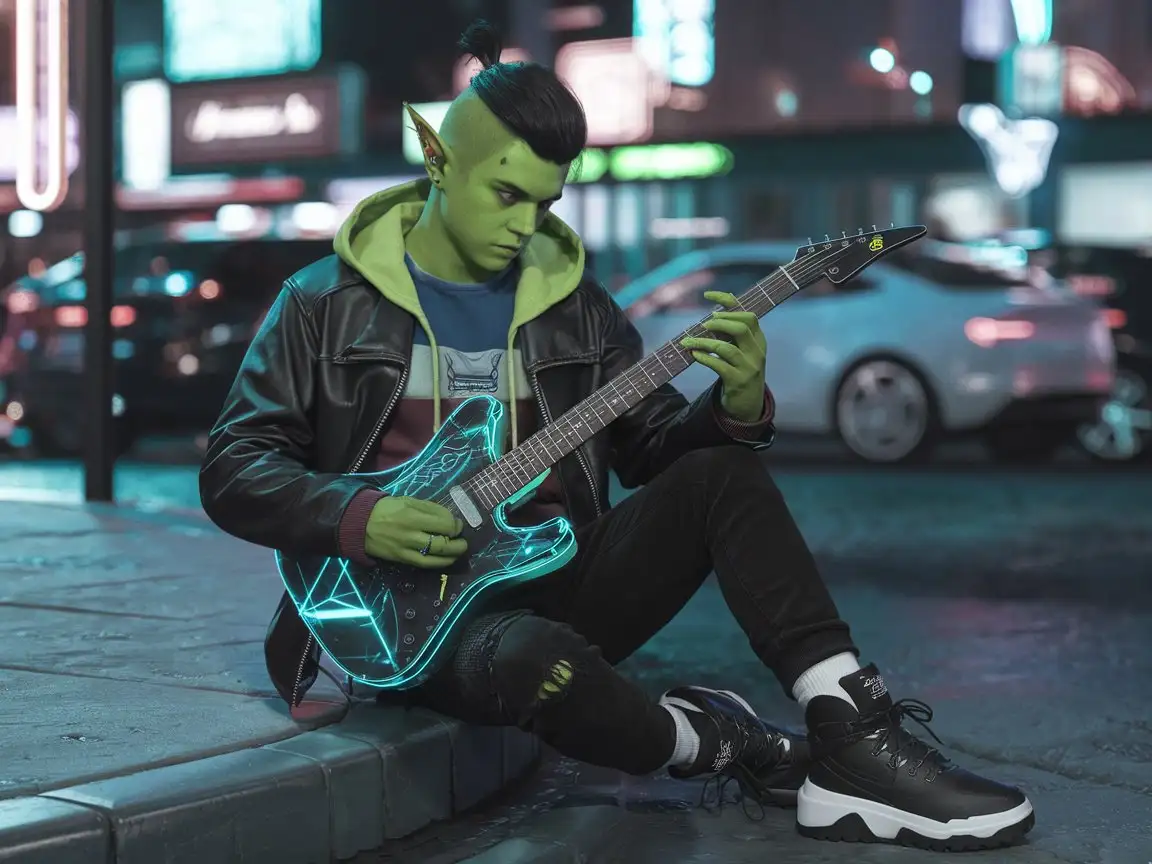 Green-skinned cyberpunk teenage-20s male orc, with pointed ears, and black hair in samurai topknot. He is playing hi-tech electric holographic cyber-guitar, seated on curb, wearing black hooded leather jacket over an open acid-green hoodie, steel-blue and burgundy colored t-shirt, and white black futuristic high-top sneakers, with black shoelaces and hiking boot soles. Cyberpunk urban nighttime, vaporwave neon signs and futuristic parked cars.