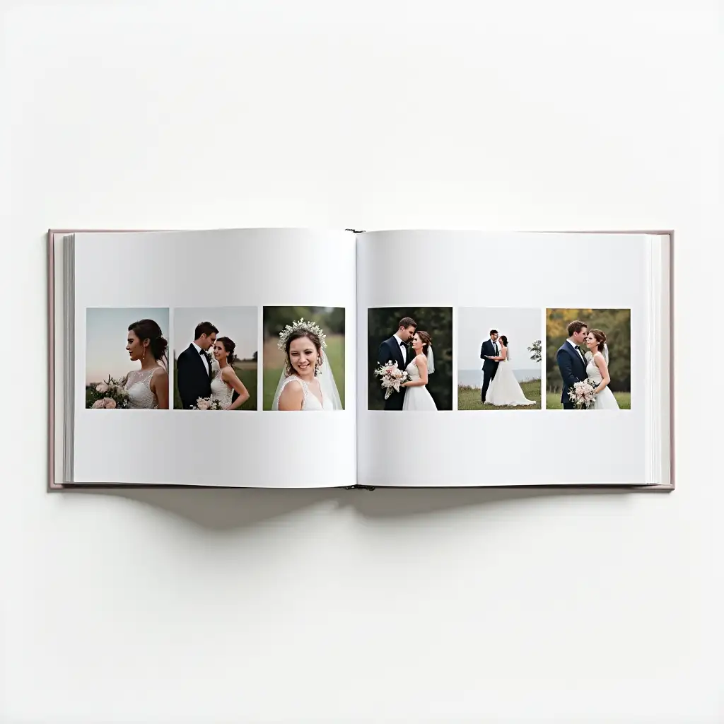 Make a book with a few grids of photos of a bride and groom on a white background.