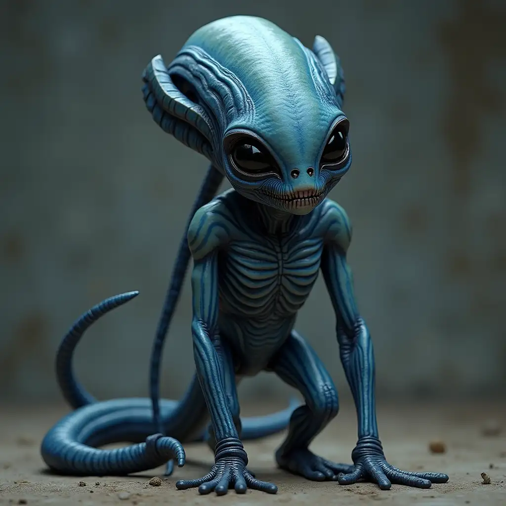 Alien very large wise skin with blue stripes legs slimy black hair