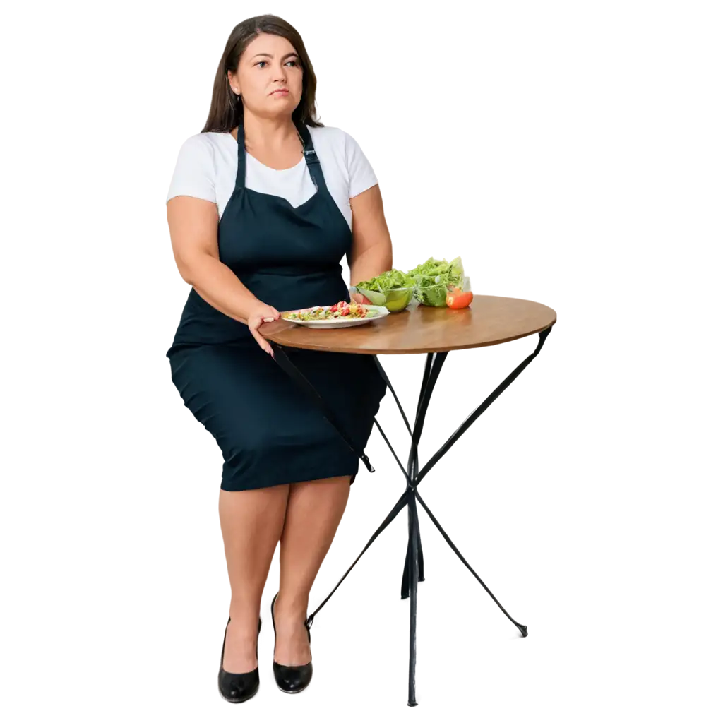 PNG-Image-of-Overweight-30YearOld-Woman-with-Sad-Expression-Unable-to-Lose-Weight-Sitting-at-Kitchen-Table-with-Large-Plate-of-Food