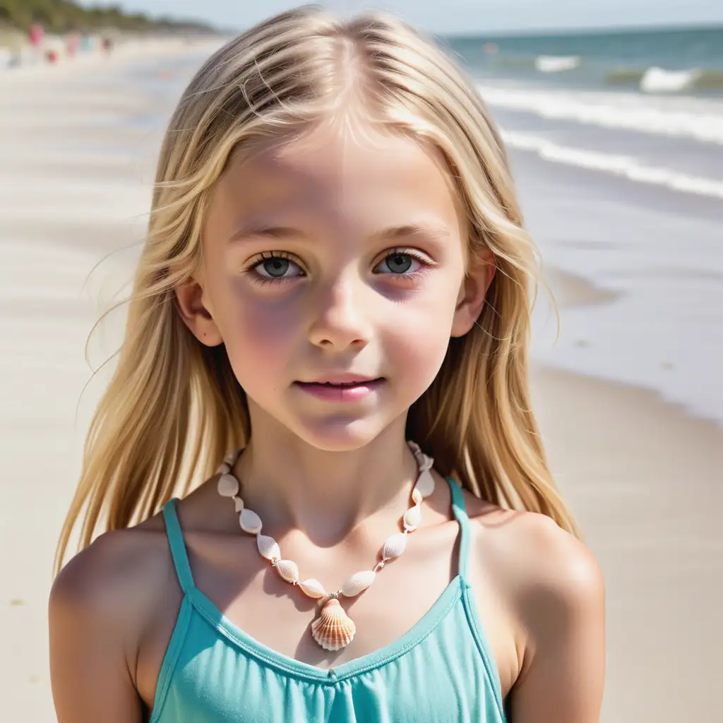 Image of a skinny ten year old blonde girl wearing a seashell necklace on the beach