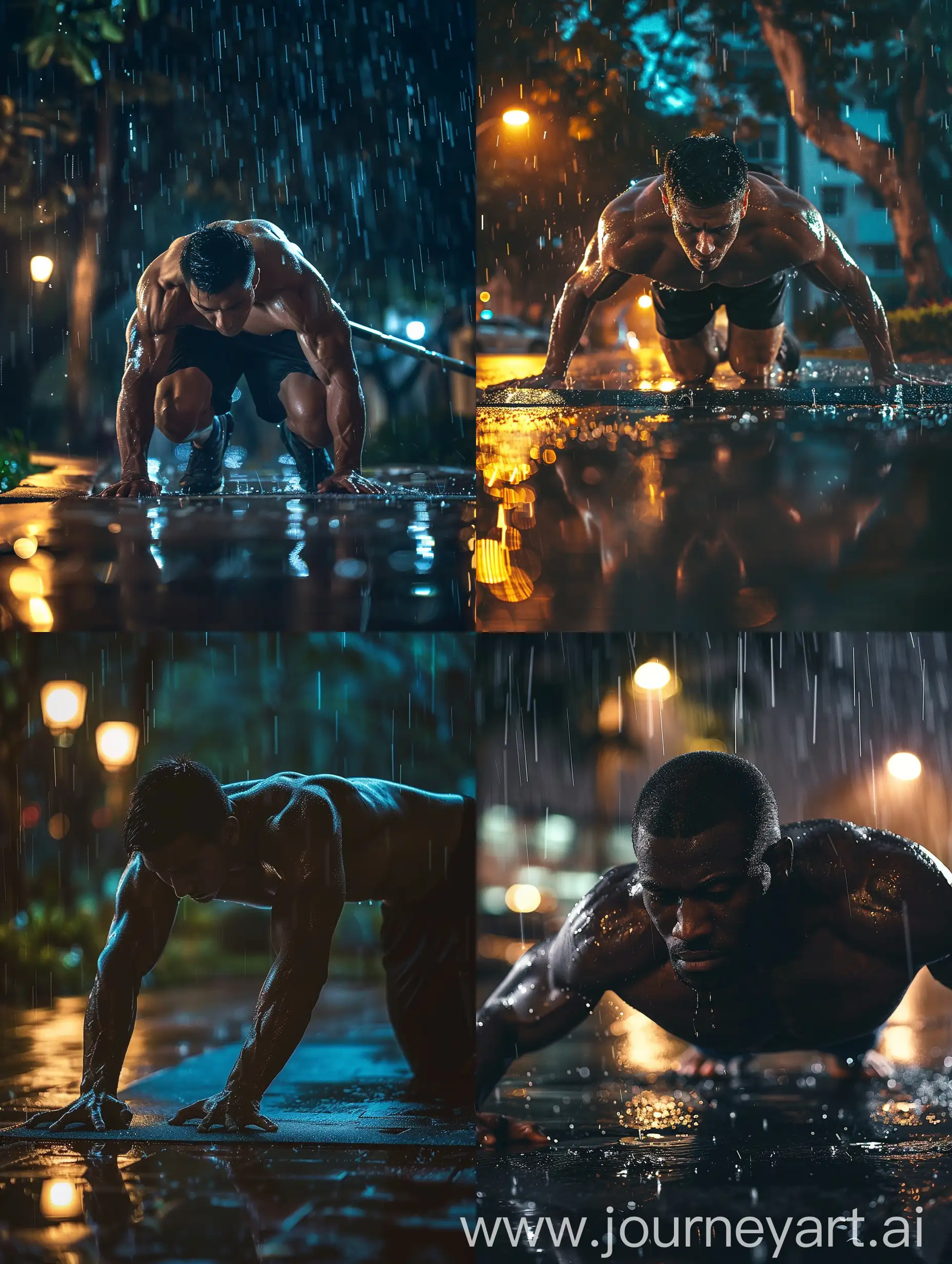 Muscular-Man-Doing-Plank-Exercise-in-Intense-Night-Rain-Scene