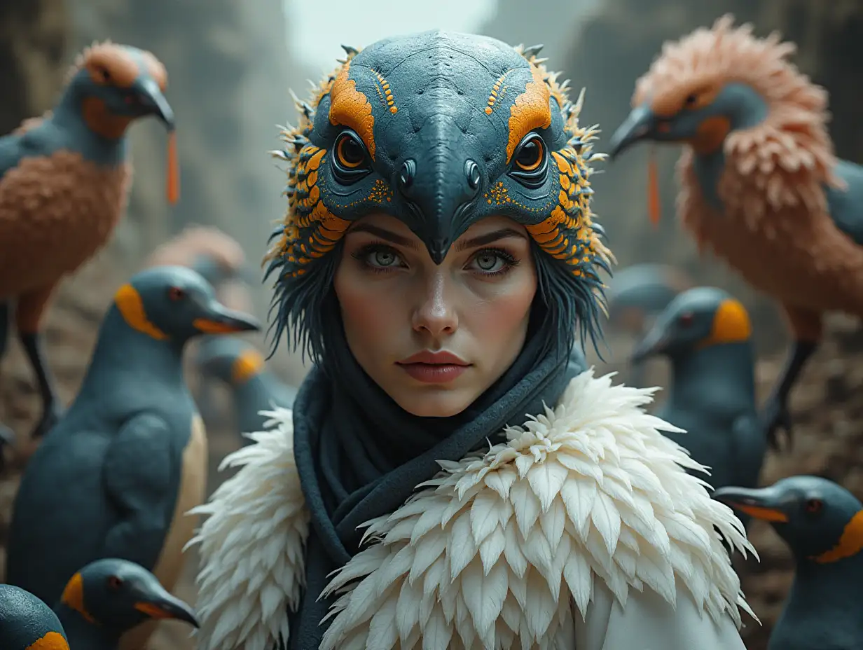 Ultradetailed hyperrealistic portrait woman with penguin head, full-body feathers in a place with various strange creatures with intricately detailed, colorful