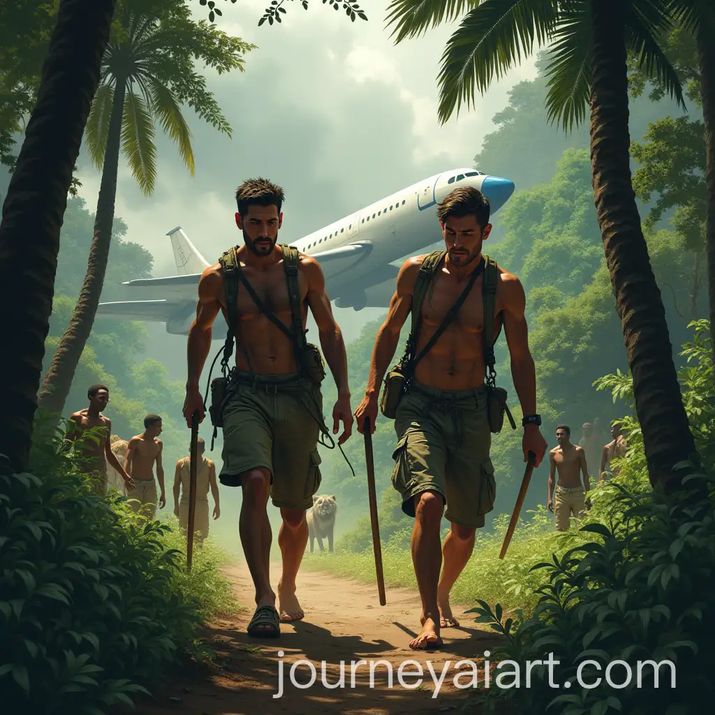 Survivors-Emerging-from-African-Jungle-with-Crash-Site-and-Villagers