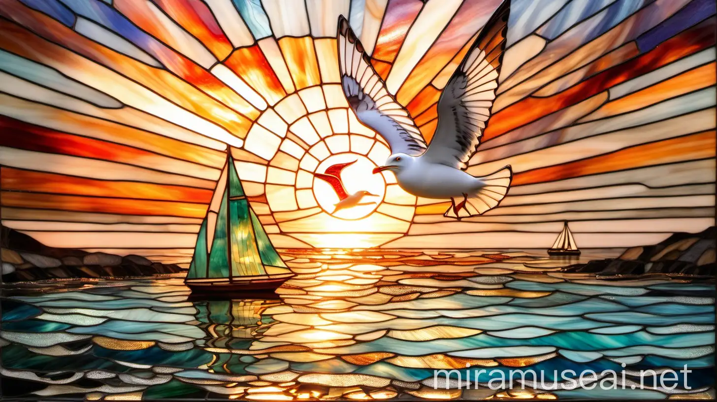 Sunrise with Tiffany Glass Seagull Flying Over Water Near Sailboat