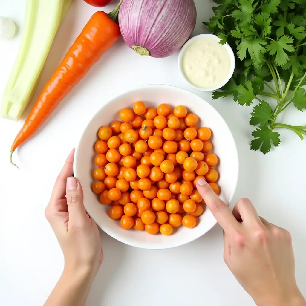 top view of Vegetables on a white desk with someone's hand catch some 