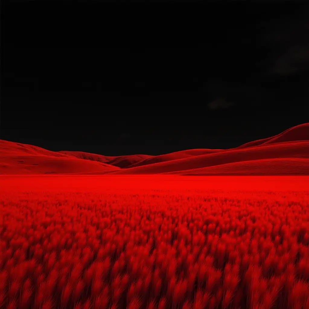 Make a completely red field (all plants are red) with completely black sky. Style: Realism