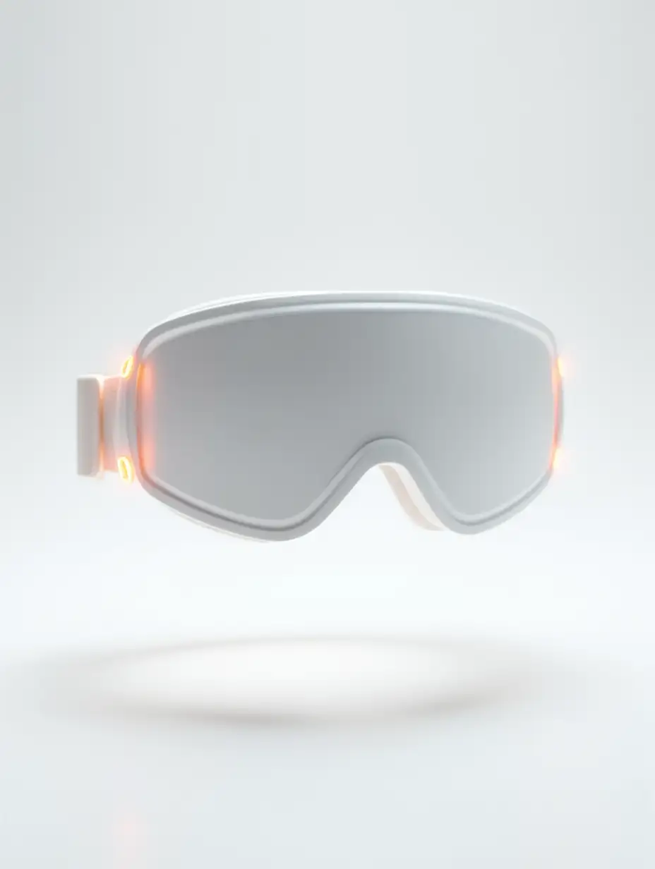 A detailed studio photograph of sleek white ski goggles, designed to appear as if they are floating mid-air. The goggles have a smooth, aerodynamic shape with side panels emitting a soft orange light, creating a futuristic and dynamic feel. The scene is set against a pristine white background, with subtle shadows beneath the goggles to enhance the sense of depth and realism. The overall composition is clean and minimalist, focusing entirely on the goggles as the centerpiece.