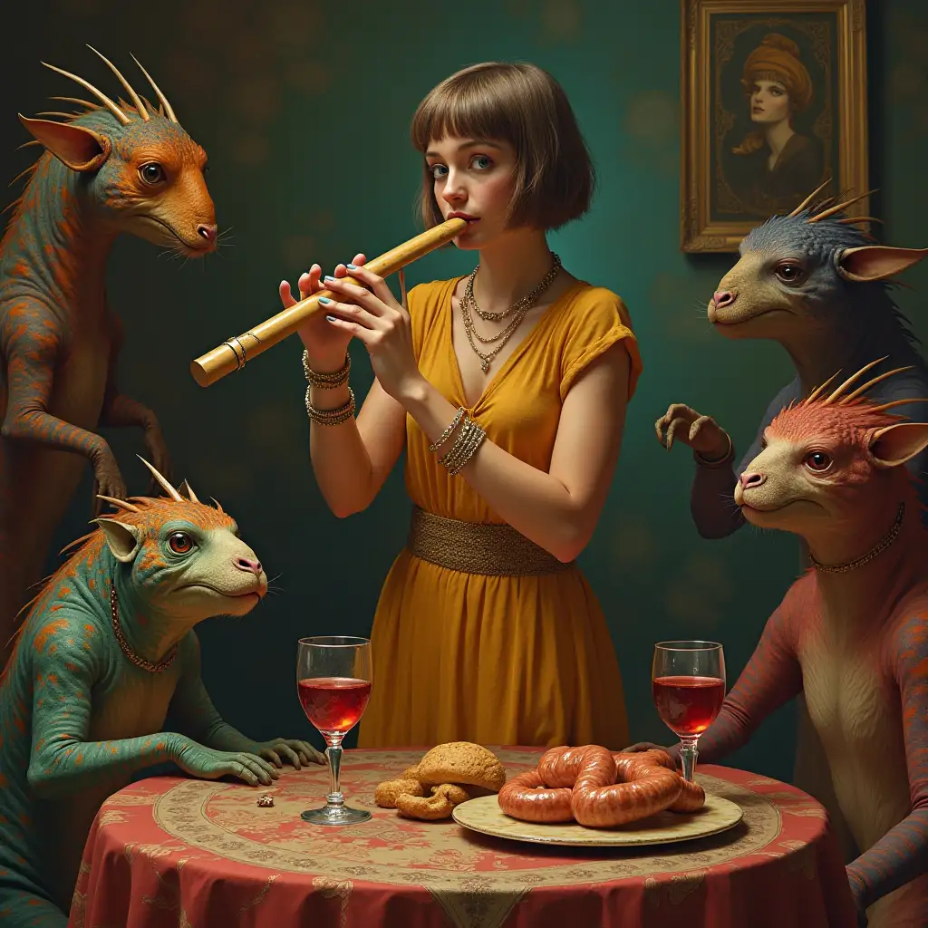 Ultradetailed hyperrealistic portrait of a dune woman with short hair, an unclean flute, and stands on a table with wine glasses and sausage and bread in a room with various elaborately detailed, colorful strange creatures.