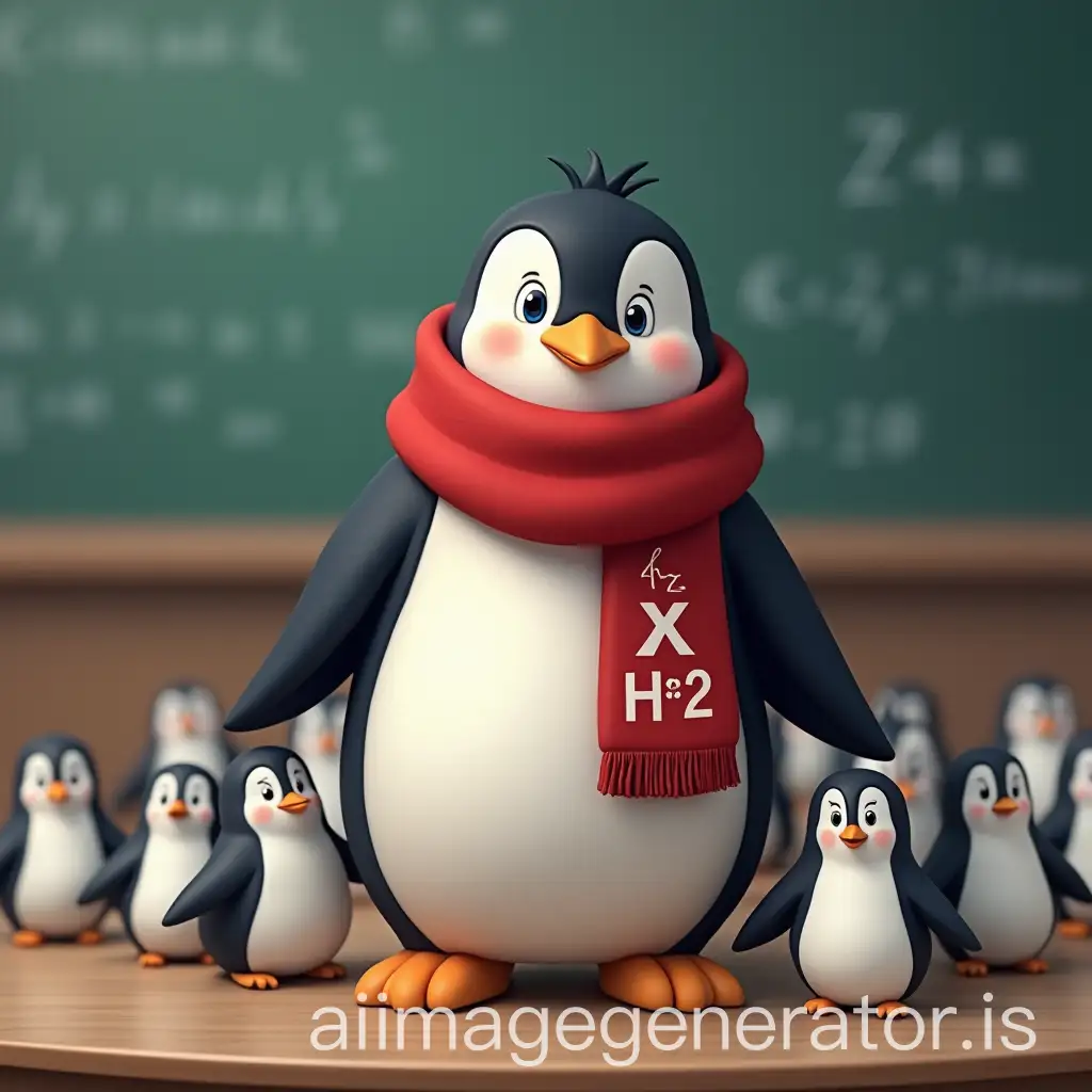 Adult-Penguin-with-Red-Scarf-Surrounded-by-Cute-Baby-Penguins-in-Mathematics-Classroom