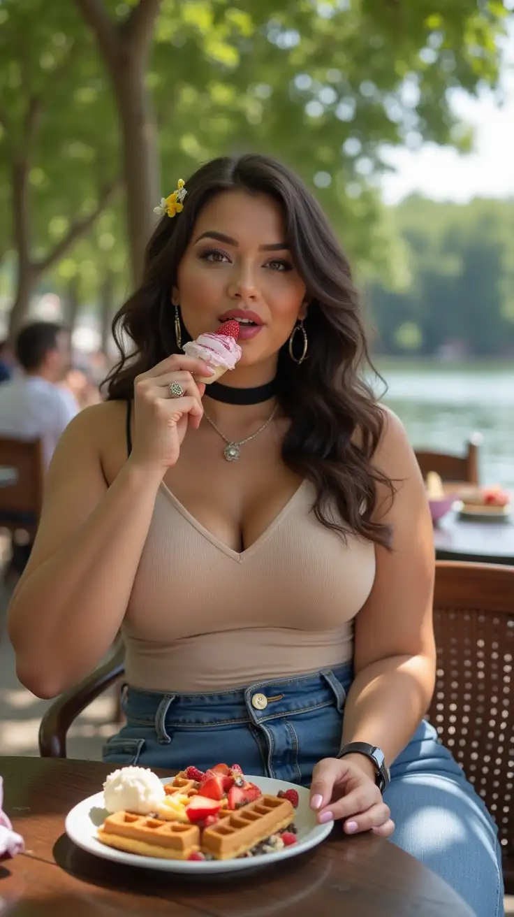 Curvy-Woman-Enjoying-Waffles-and-Ice-Cream-in-City-Park-on-a-Sunny-Summer-Day