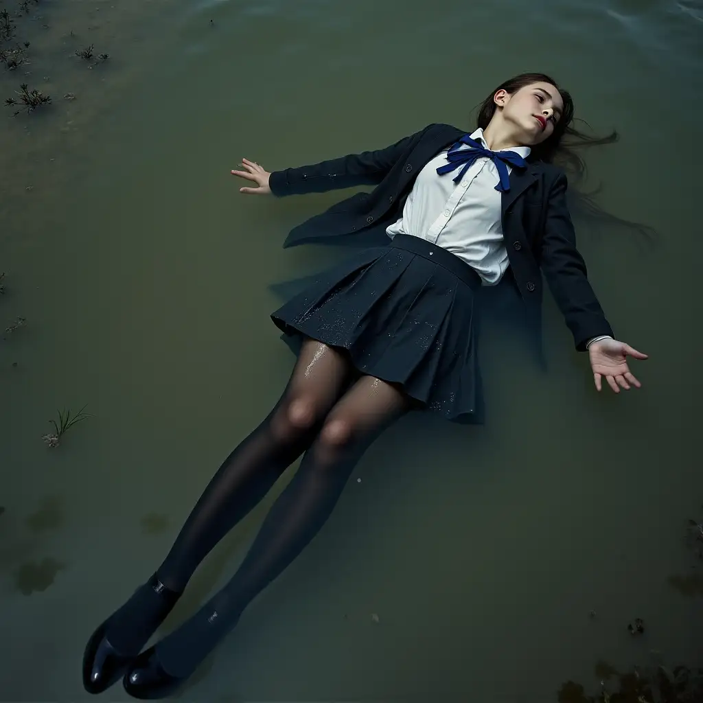 A young schoolgirl in a school uniform, in a skirt, jacket, blouse, dark tights, high-heeled shoes. She is swimming in a dirty pond, lying underwater, all her clothes are completely wet, wet clothes stick to her body, the whole body is underwater, submerged in water, under the surface of the water, below the water's edge.