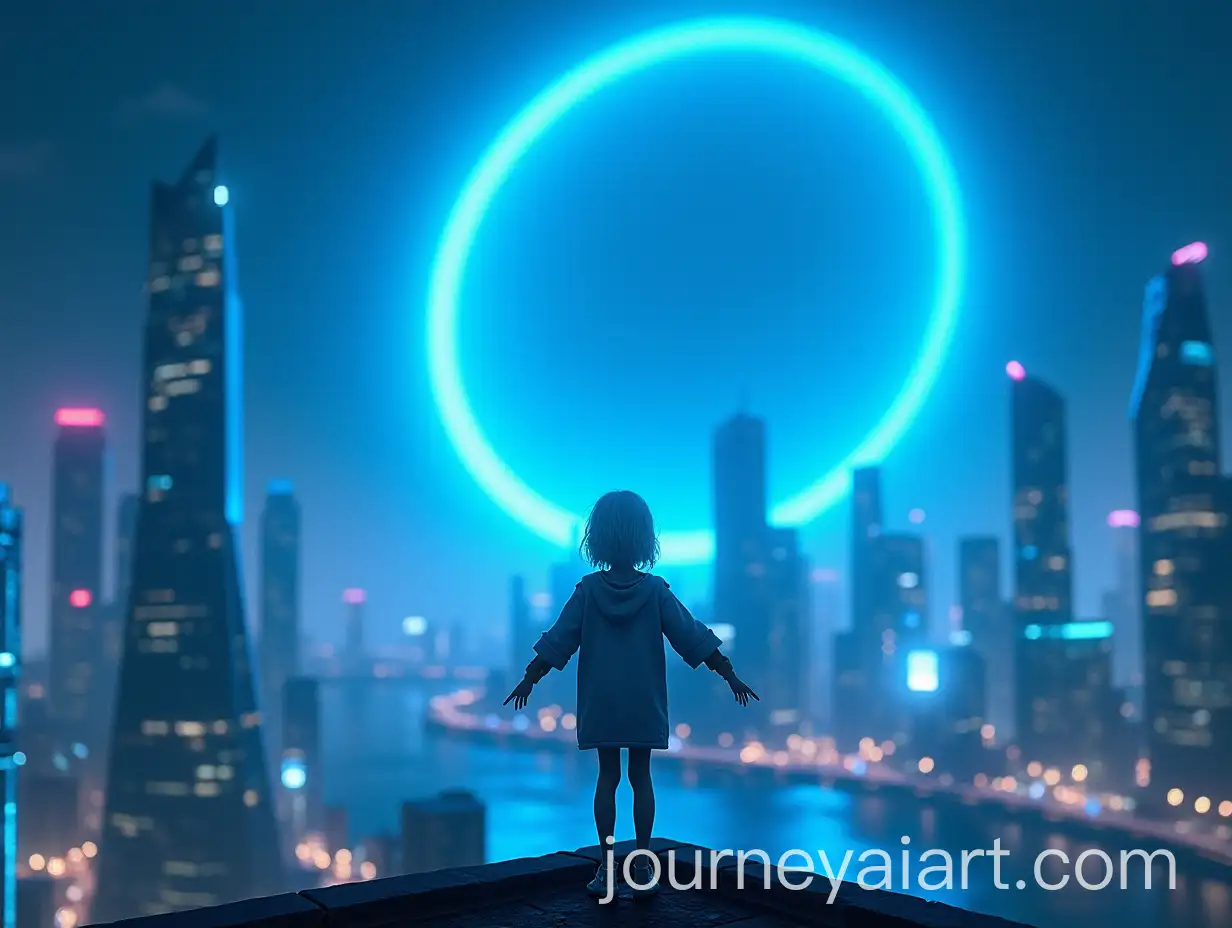 WhiteHaired-Girl-on-Futuristic-City-Rooftop-Under-Glowing-Blue-Circle