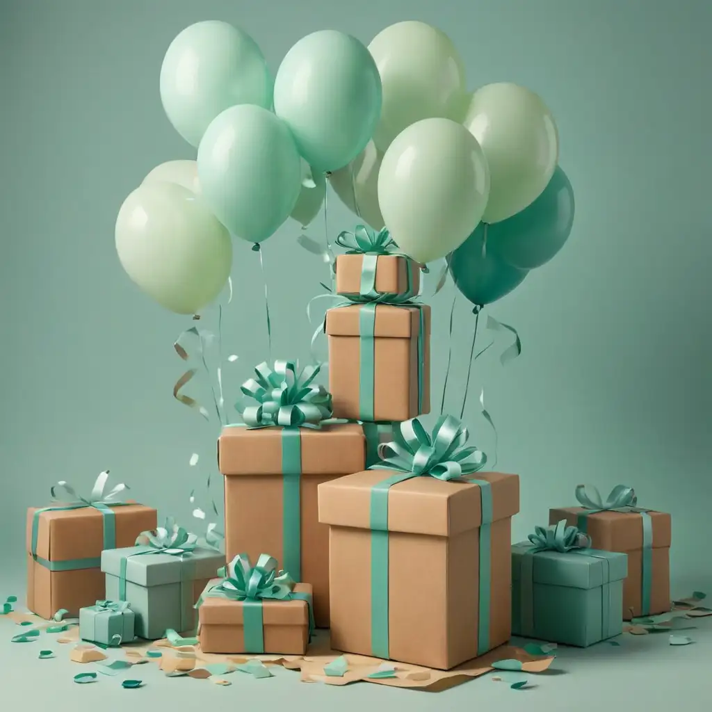 Birthday card for a company employee, neutral, image of gift boxes and balloons, in green-turquoise color