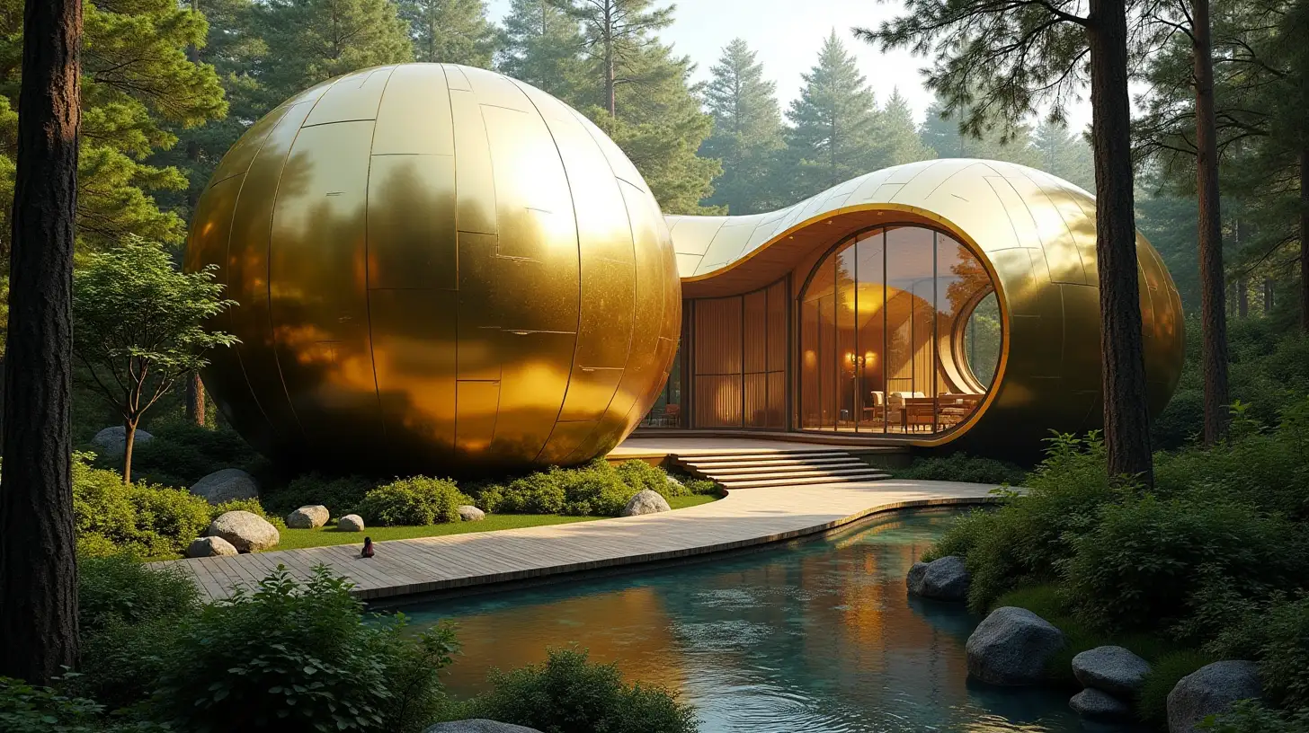 Futuristic Glass and Gold Spheres Connected by Corridor in Forest