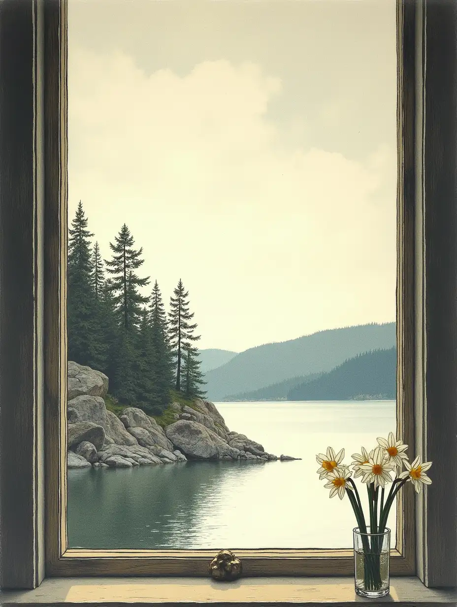 Block print of a color engraving by Andrew Wyeth, view from the window of a cozy house high in the rocks covered with pine trees over a smooth mother-of-pearl lake that has lost its border with the mother-of-pearl sky, mid-autumn, on the windowsill there are several white daffodils in a glass, no passe-partout