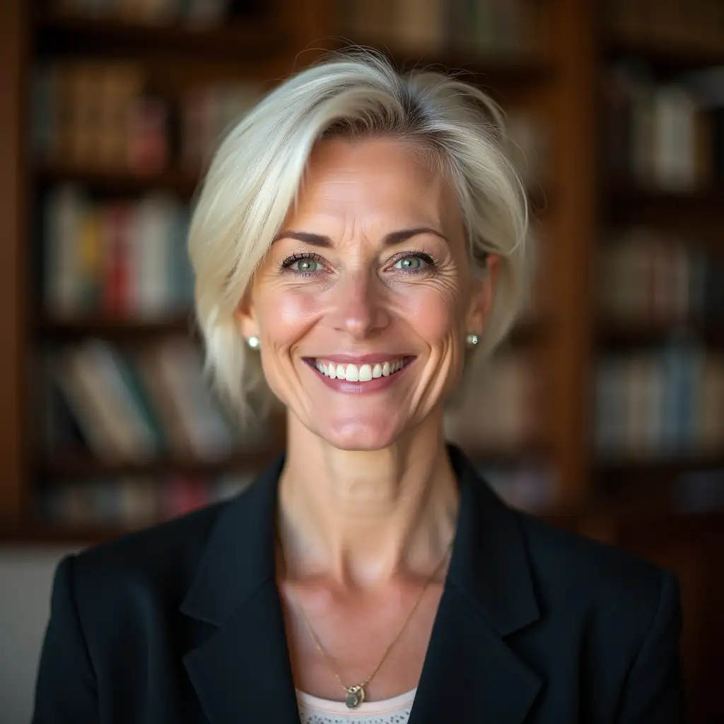 University hr officer with tuscan gardens or library academic background. centered in frame. Close-up view showing head and upper torso. Realistic photographic style. Natural professional front light like a professional photo in a studio. German adult woman with strong German features, platinum blonde hair, very germanic, smiling a lot.