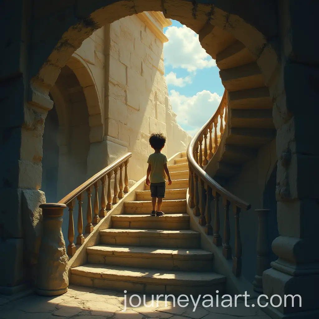 Boy-Ascending-Spiral-Staircase-Illuminated-by-Athena