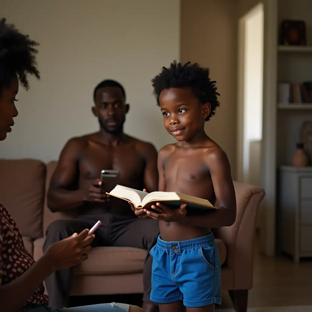 shirtless little black boy blue short bareteet holding an open book talking to black woman with clothes with iphone in hands in hands sitting in livingroom and a shirtless black men walking in the livingroom